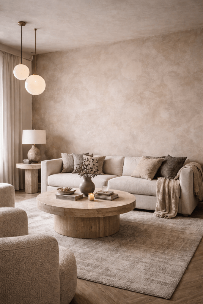 A cozy living room featuring a light beige sofa adorned with decorative cushions, a round wooden coffee table with books and a candle, and soft textured armchairs, all set against a warm, neutral wall.