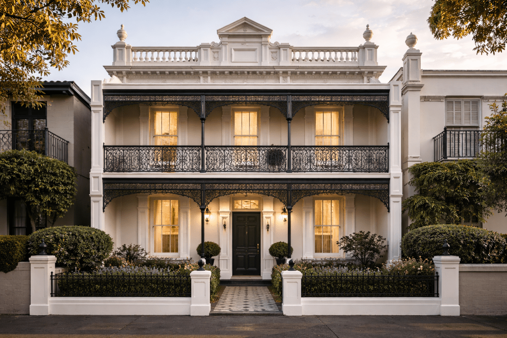 A two-story historic house with a white facade, ornate black iron railings, and large windows illuminated from within, surrounded by well-maintained gardens and shrubs.