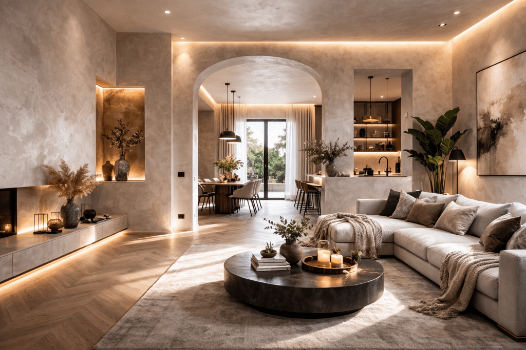 Cozy and modern living room featuring a large sectional sofa with decorative pillows, a round coffee table, and a soft area rug, illuminated by warm lighting and complemented by indoor plants and stylish decor.